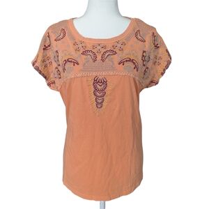 Sundance Orange Embroidered Boho Cotton Short-Sleeve T Shirt Size Small